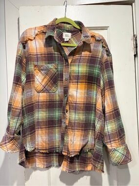 BDG Plaid Flannel Shirt Jacket in Green, Brown & peach